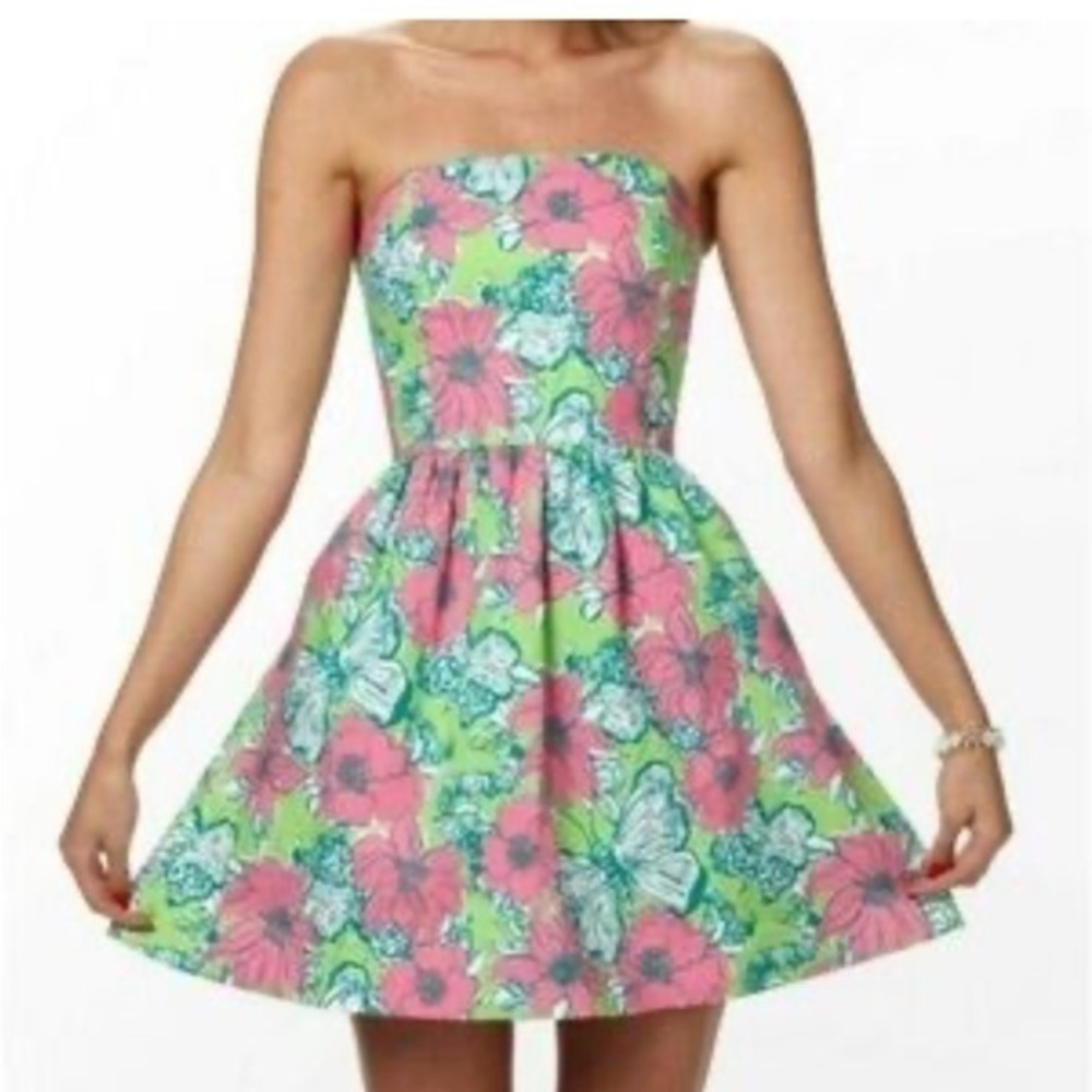 ▶️ Lilly Pulitzer ◀️ Pink Green Strapless Butterfly Lottie Dress Size 10
